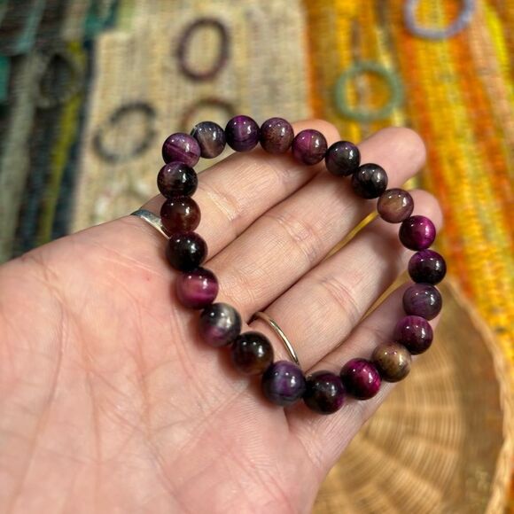 Purple Tiger’s Eye 6” small Elegant Multicolor Beaded Bracelet genuine crystal - Picture 1 of 3